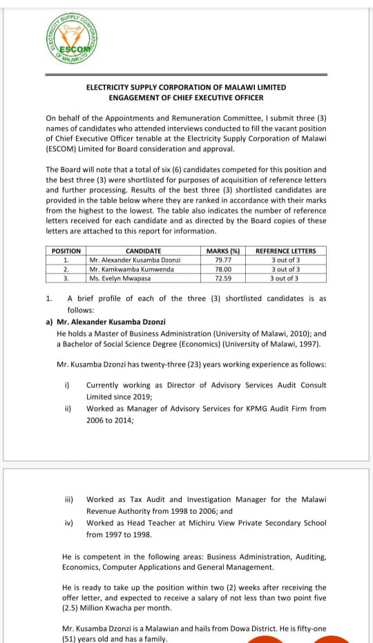 EXCLUSIVE ON ESCOM SAGA: Report reveals Kumwenda came second, Kusamba Dzonzi came first