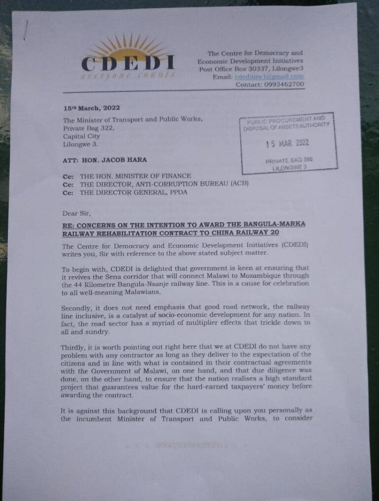 CDEDI protests govt intention to award Bangula-Marka Railway Rehab Project to China Railway 20 Bureau Limited
