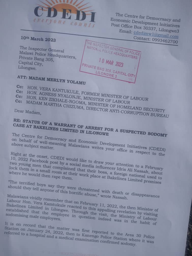 IG Yolamu given seven days to update Malawians on sodomy case by Bakelines employee