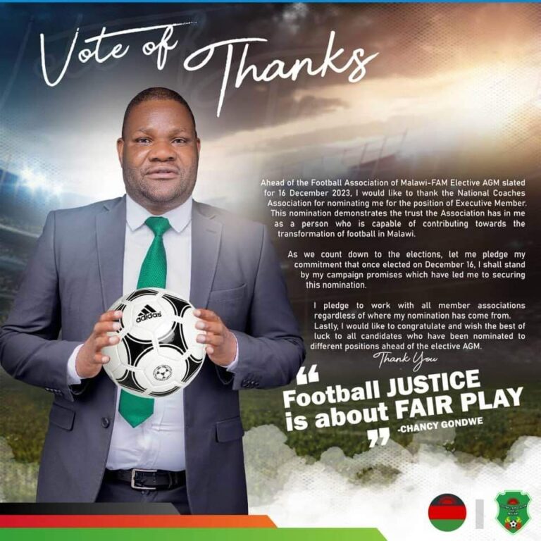 FOOTBALL JUSTICE IS ABOUT FAIR PLAY: Chancy Gondwe commends National Coaches Association for nomination